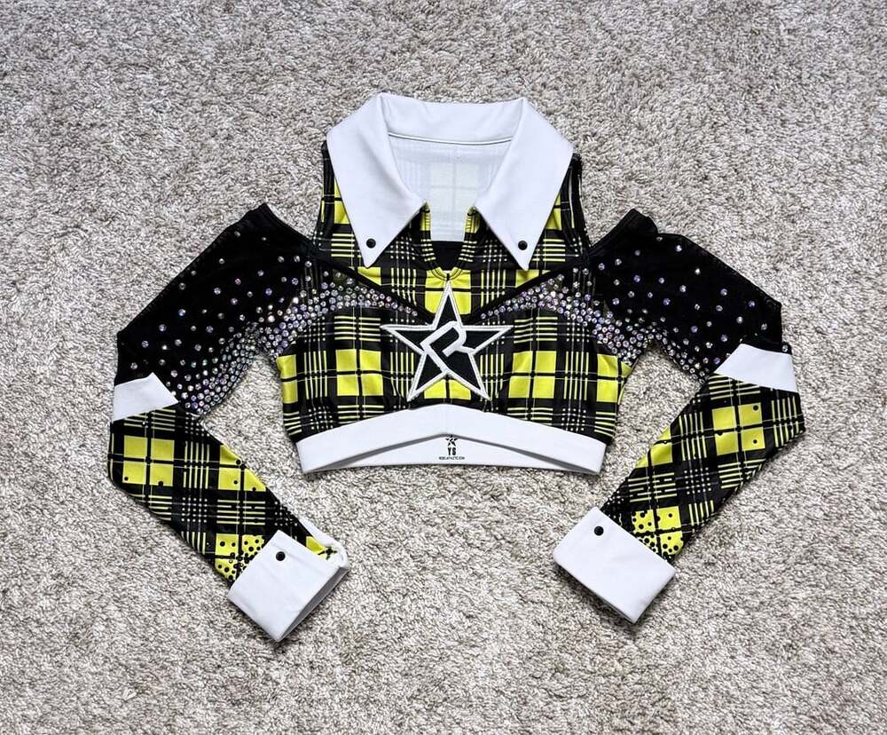 Rebel Athletic Plaid Yellow Black Cold Shoulder Long Sleeve Cheer Crop Top
